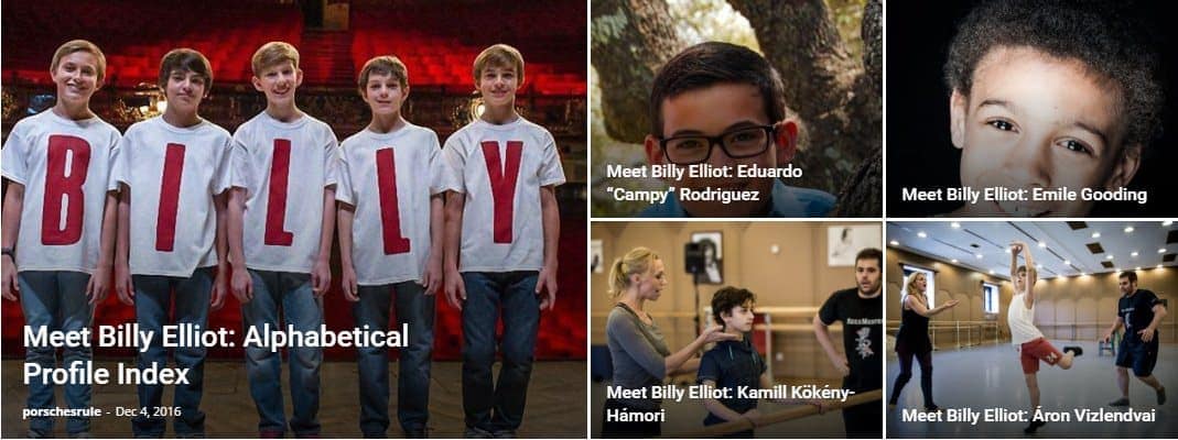 Detailed information about Billy Elliot the Musical (BETM), contained in three main sections: Profiles of the Billys, General BETM Information, and Billy Reference Information.